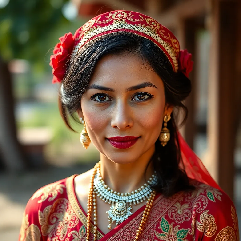 Woman with round face, 35 years old, light brown skin, dark brown hair, brown eyes, wearing Glorious clothes in her marriage ceremony and greeting gests