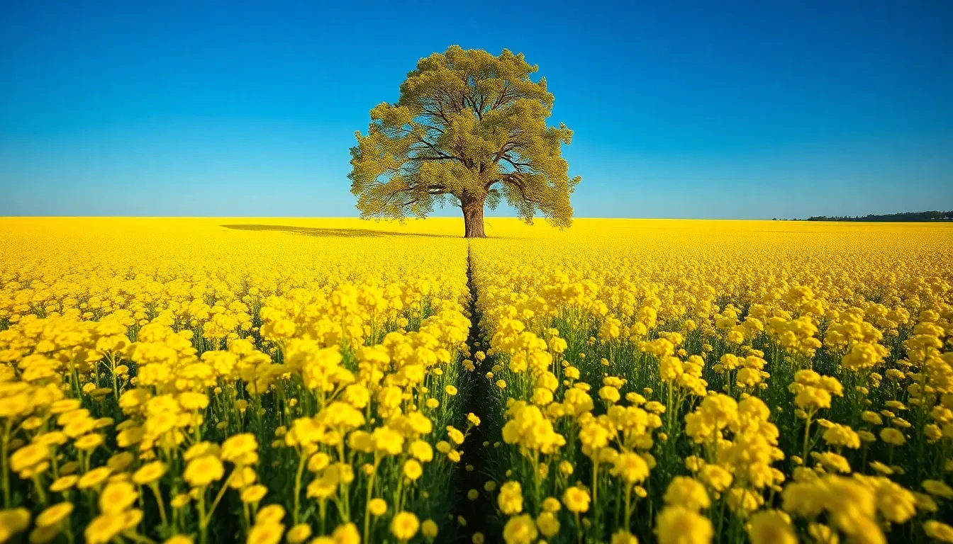 “Endless field of yellow rapeseed under deep blue sky, single oak tree focal point, polarizing filter for vibrant contrast, photographic”