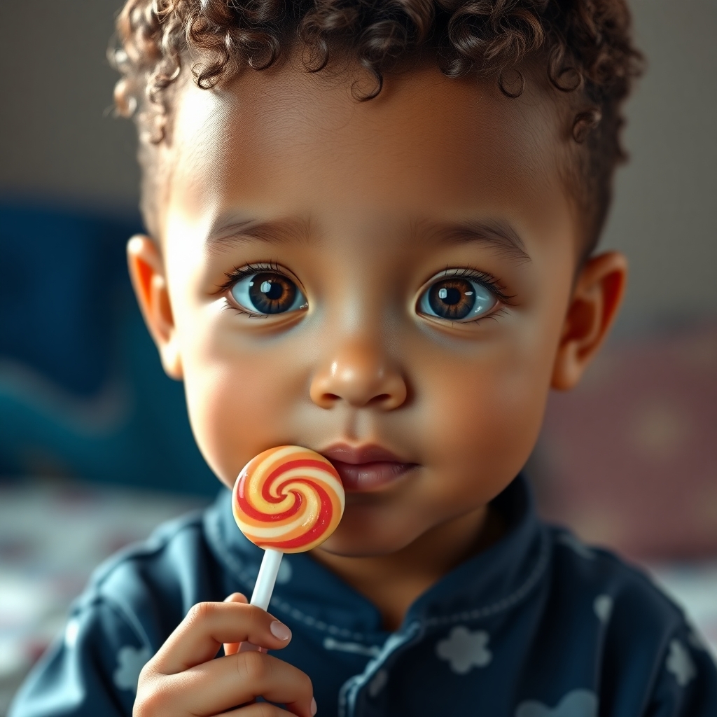 Boy with round face, 1 year old, light brown skin, short curly hair, brown eyes, wearing dark blue pajamas, holds a lollipop in his hand
