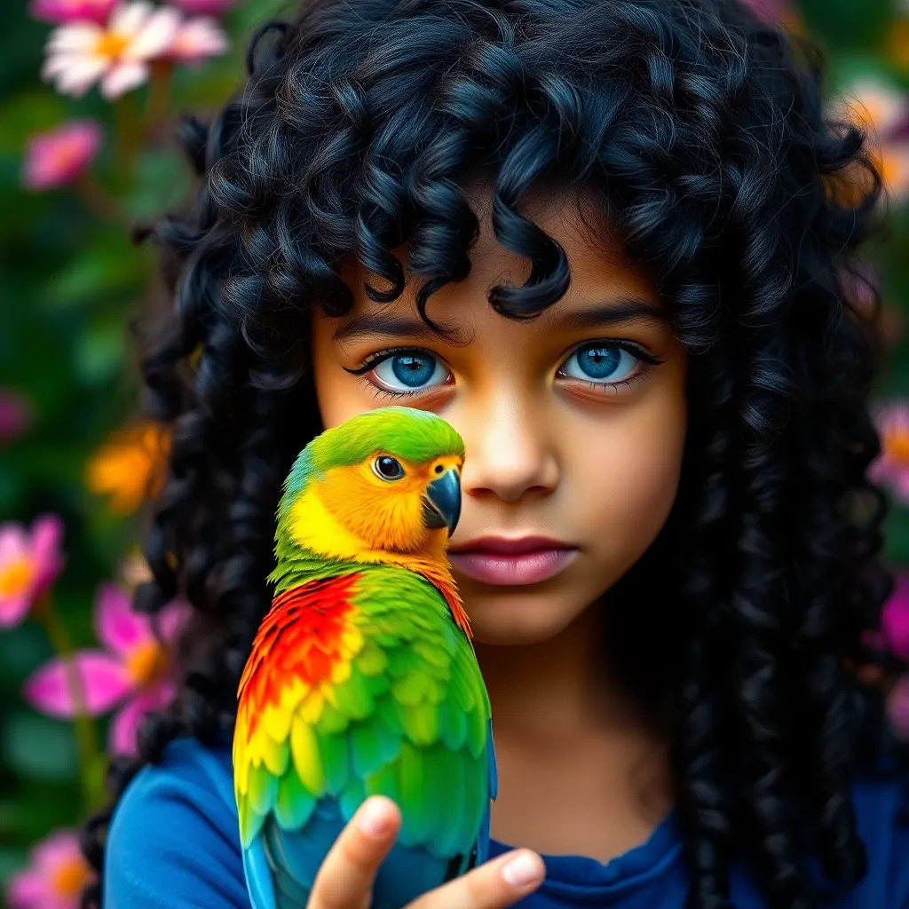 A very beautiful 11 years old girl, long curly black hair with blue eyes, a colorful bird on her hand, background: flowers