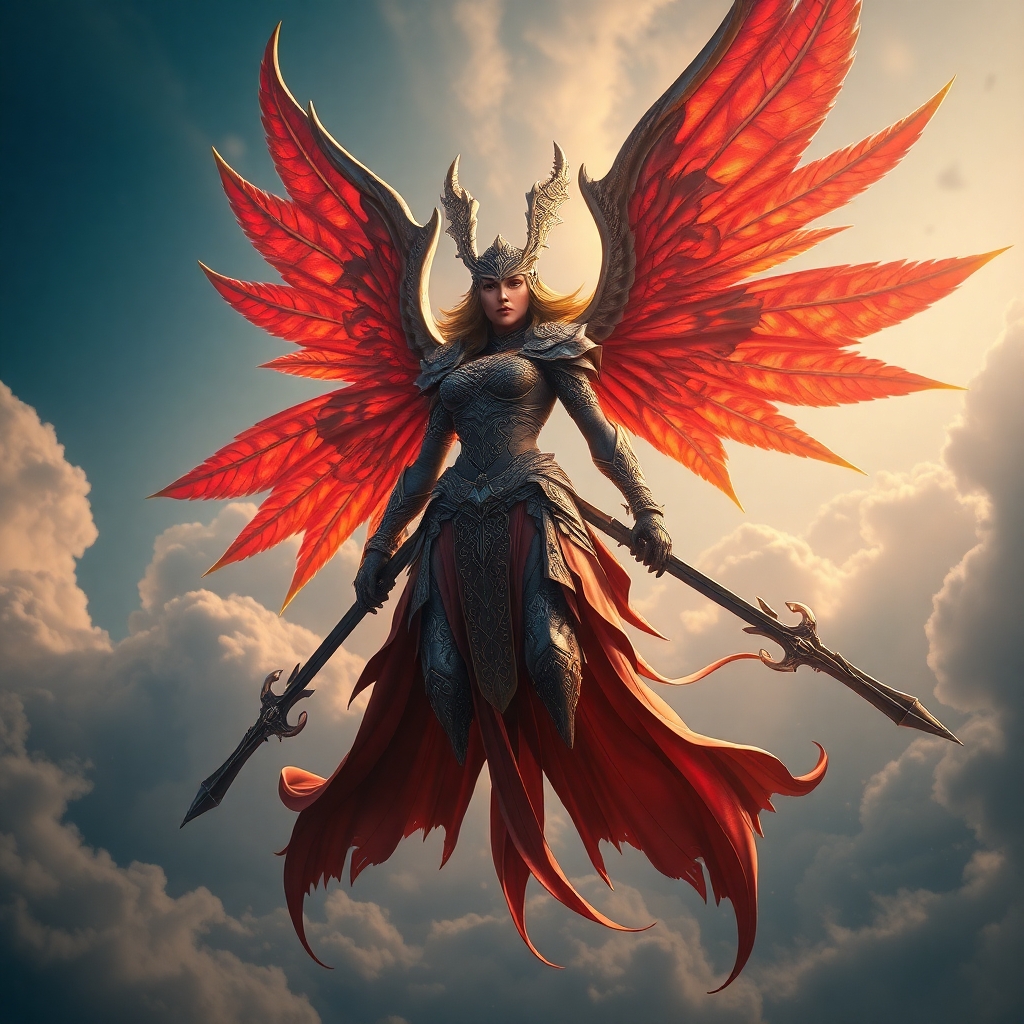 Full body Godesse of war flying in the sky