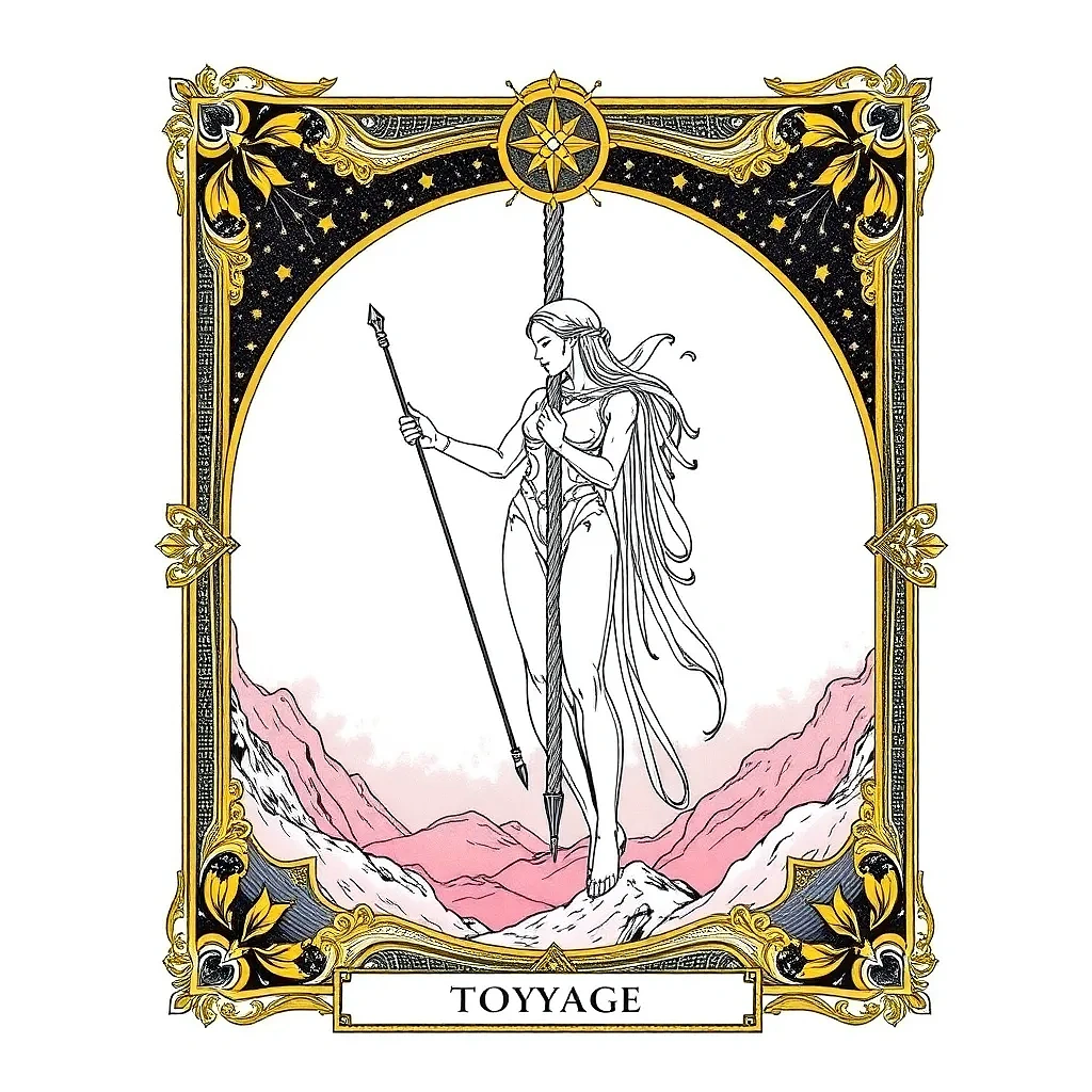 “Art-nouveau tarot card of The Voyager” – gilded line art, pastel gradient fills, ornamental borders