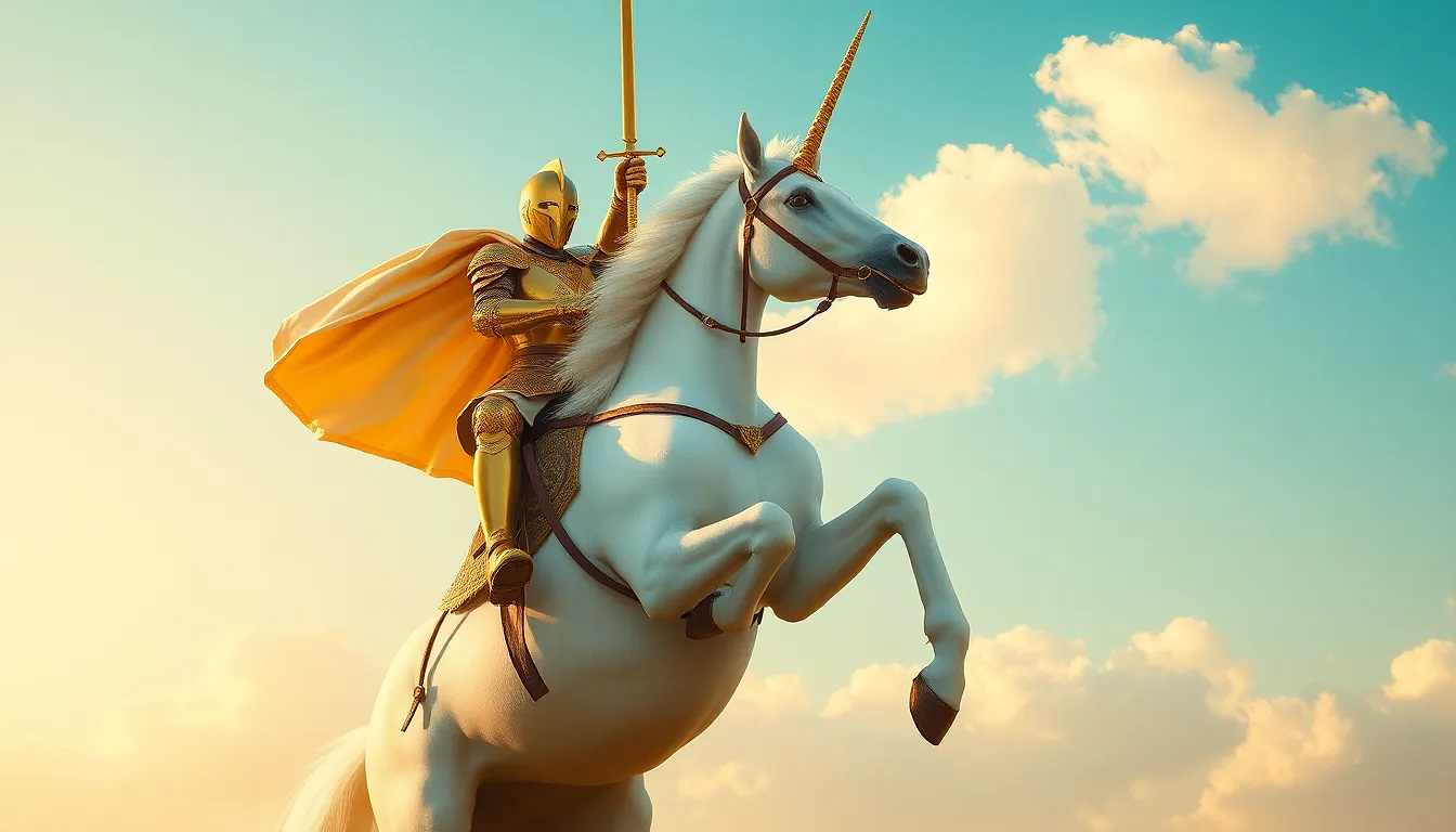 A knight in shining gold armor rides a magnificent white unicorn. The knight, positioned slightly to the right of center, is mid-stride, with a triumphant pose, holding a golden sword aloft.  His armor is detailed, showcasing intricate patterns and gleaming surfaces. He wears a flowing, off-white cape that billows behind him. The unicorn is a pure white, with a large horn on its forehead.  The horse is in a dynamic, rearing pose, with all four legs off the ground. The background features a pale blue sky dotted with soft, fluffy white clouds.  Warm, golden light bathes the scene, creating a dramatic and heroic atmosphere. The image has a stylized, somewhat romanticized aesthetic, evoking a sense of fantasy and adventure. The perspective is slightly from below, emphasizing the height and grandeur of the scene.  The composition is balanced, focusing attention on the knight and unicorn in the foreground against the sky. Shot from 25 feet, not cropped