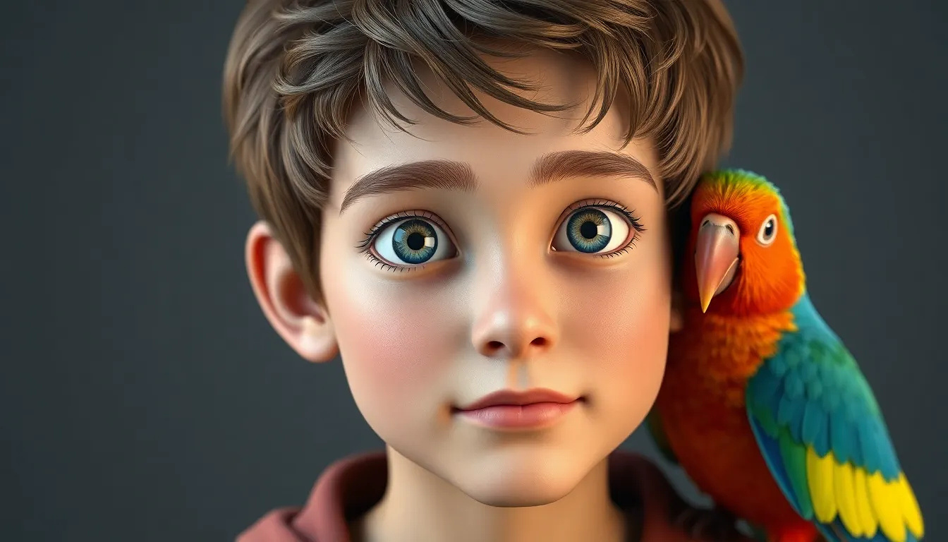 A very beautiful 10 years old boy with grey eyes,  a colorful bird on his shoulder