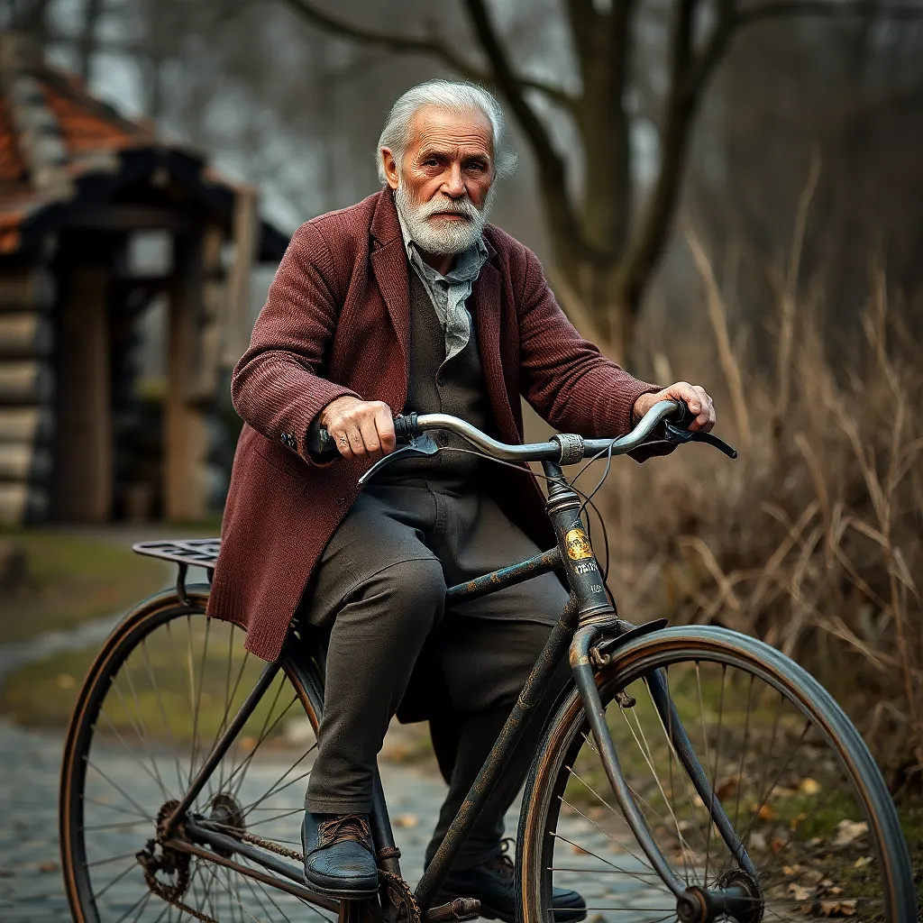 Old man riding ancient bicycle in the year 1775