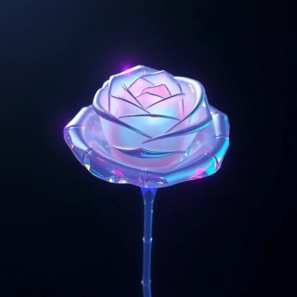 “Crystal-glass rose with refracted rainbow caustics, hovering in dark studio void, ultra-polished subsurface scattering, 8 K render, 3d model”