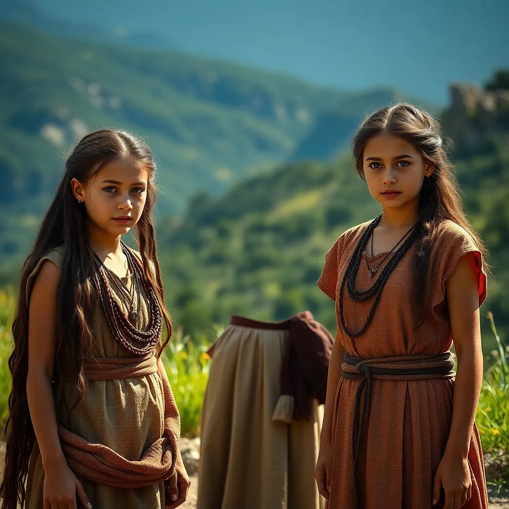 3 girls in the year 500 B.C, background: fantastic nature