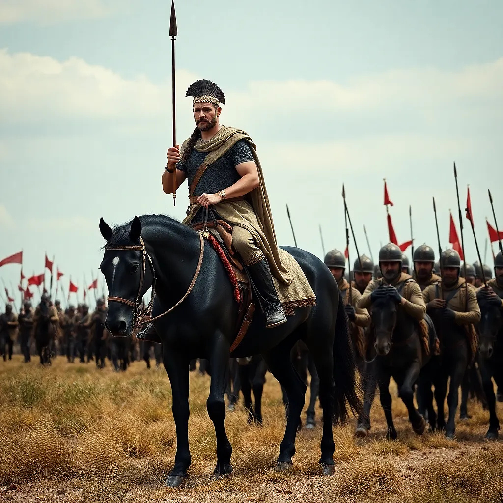 Alexander the Great is riding his black horse, going to war with his scaring army.