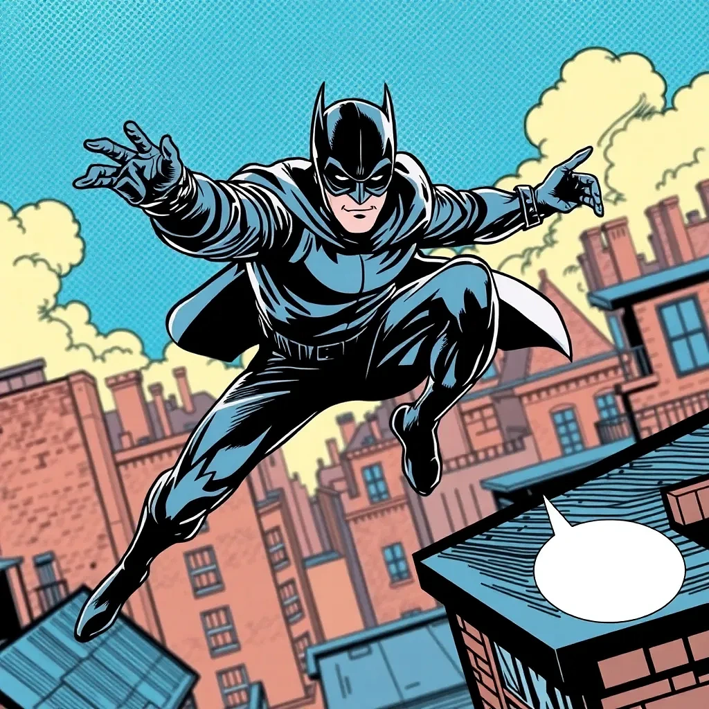 “Masked vigilante leaping across rooftops” – bold ink outlines, halftone shadows, dynamic Dutch angle, colored