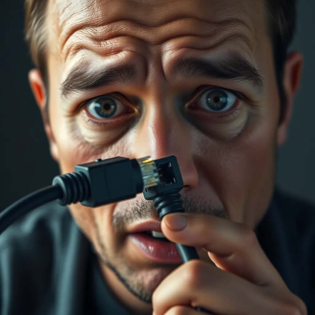 A  man crazy with his rj45 cable and crying