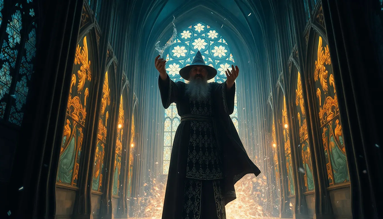 Wizard summoning a storm inside a cathedral, stained glass shattering outward in slow motion, divine energy crackling.