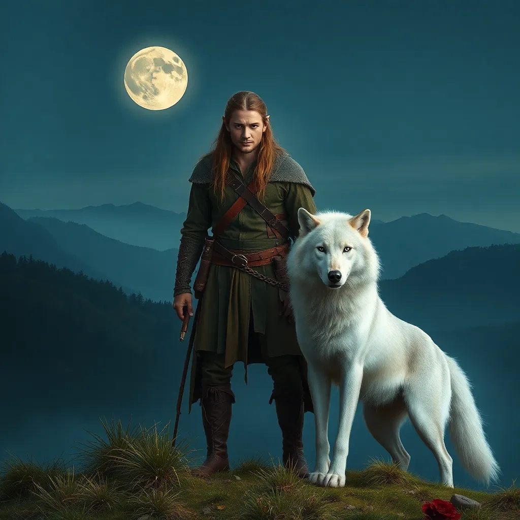 “Elven ranger and silver wolf on moonlit ridge” – painterly brushwork, Rembrandt lighting, epic scale background