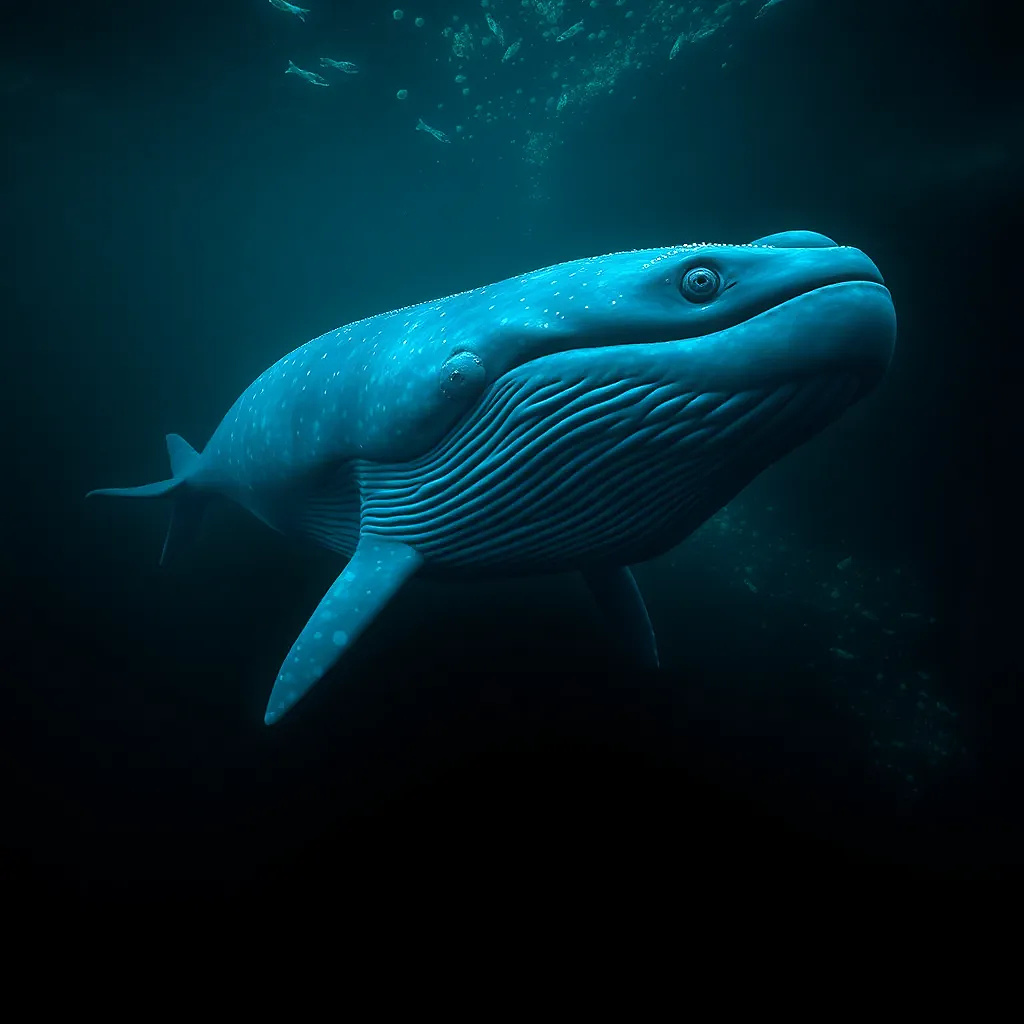 A giant blue whale emerging from the deep, bioluminescent plankton glowing around it.