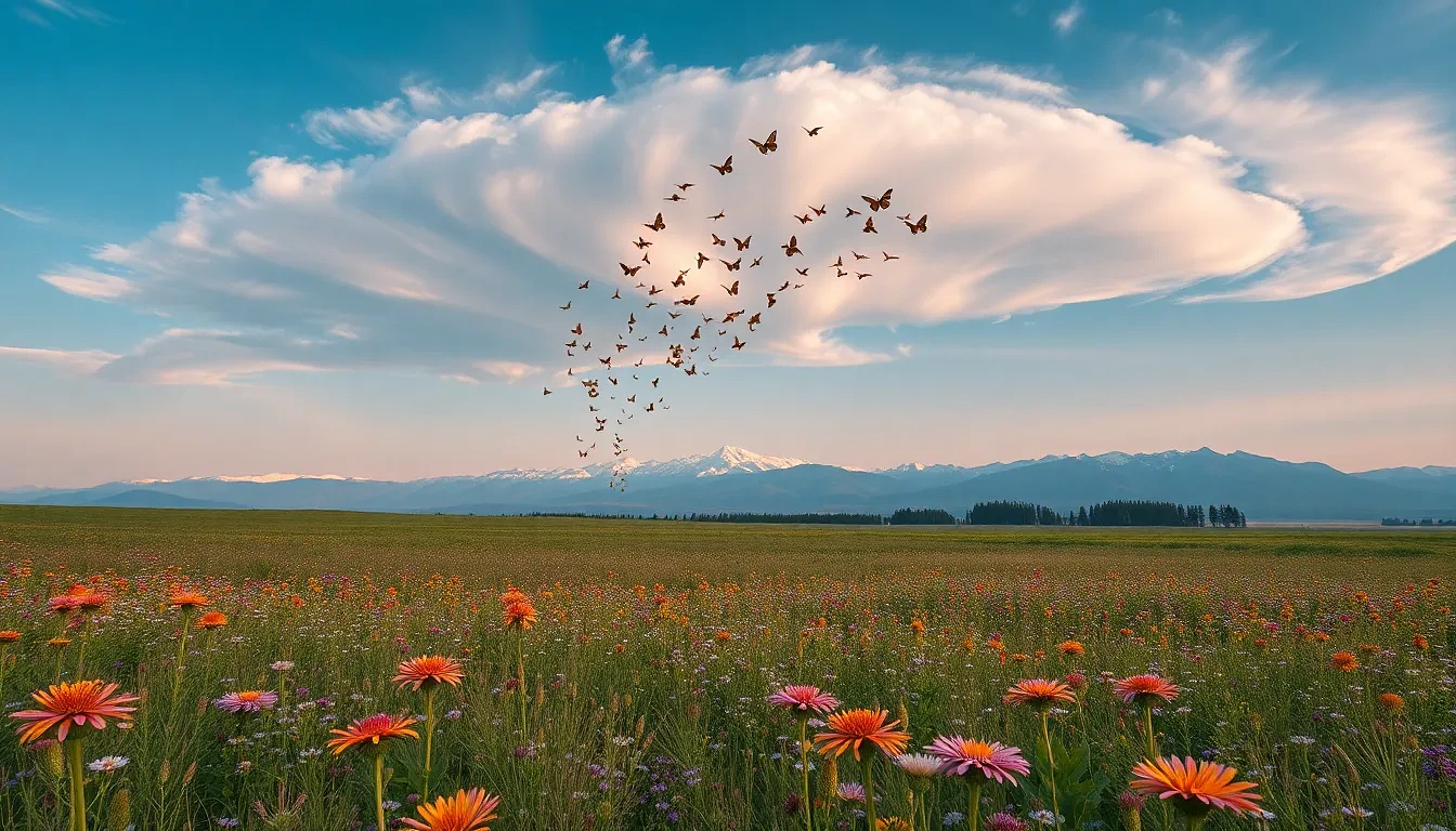 “Butterfly migration cloud swirling above endless meadow of wildflowers, distant snowy peaks framing scene, ultra-high detail, photographic, panoramic view”
