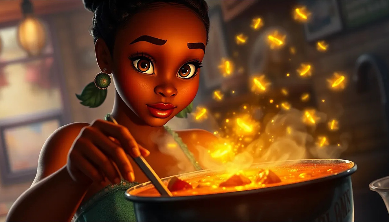 Tiana stirring a shimmering gumbo that bursts into magical fireflies, steamy New Orleans kitchen, eyes wide with wonder