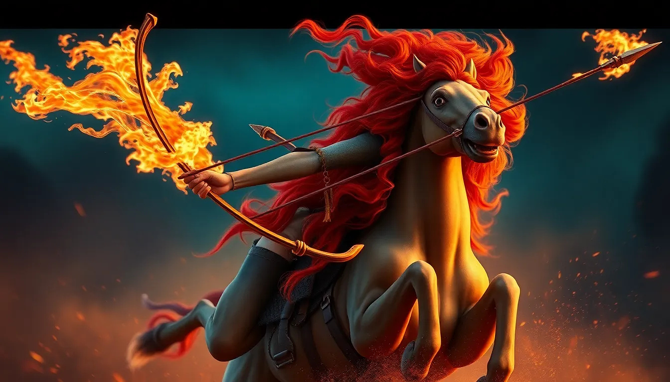 Merida loosing a flaming arrow that splinters a target mid-gallop, stallion rearing, her hair a wild crimson blaze, fierce independence