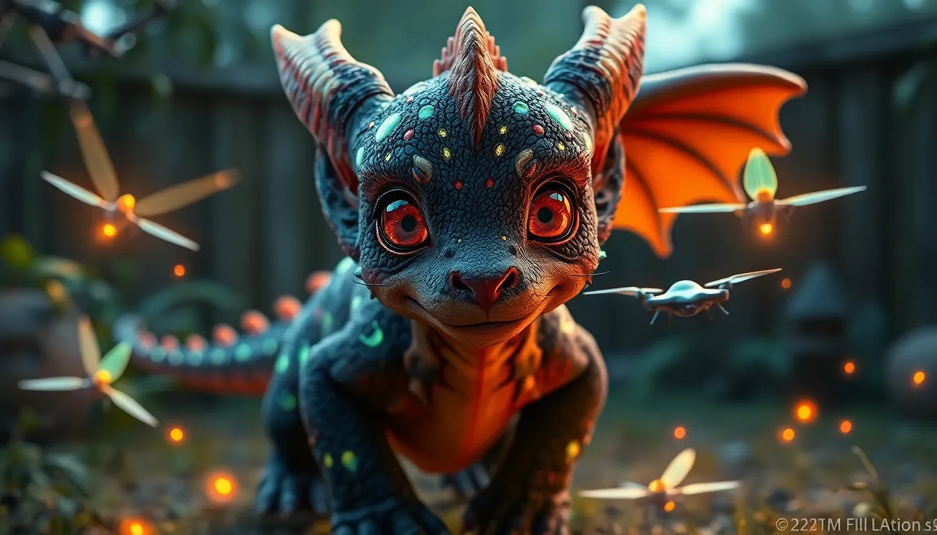 A playful dragon-puppy hybrid with bioluminescent spots, chasing firefly-like drones in an alien backyard.
