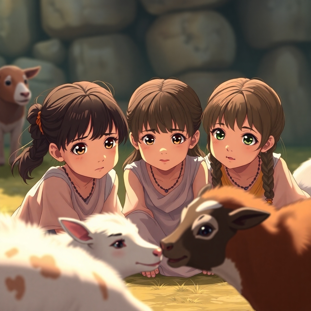 3 Little girls playing in the year 500 BC, realistic, domestic animals around the 3 girls