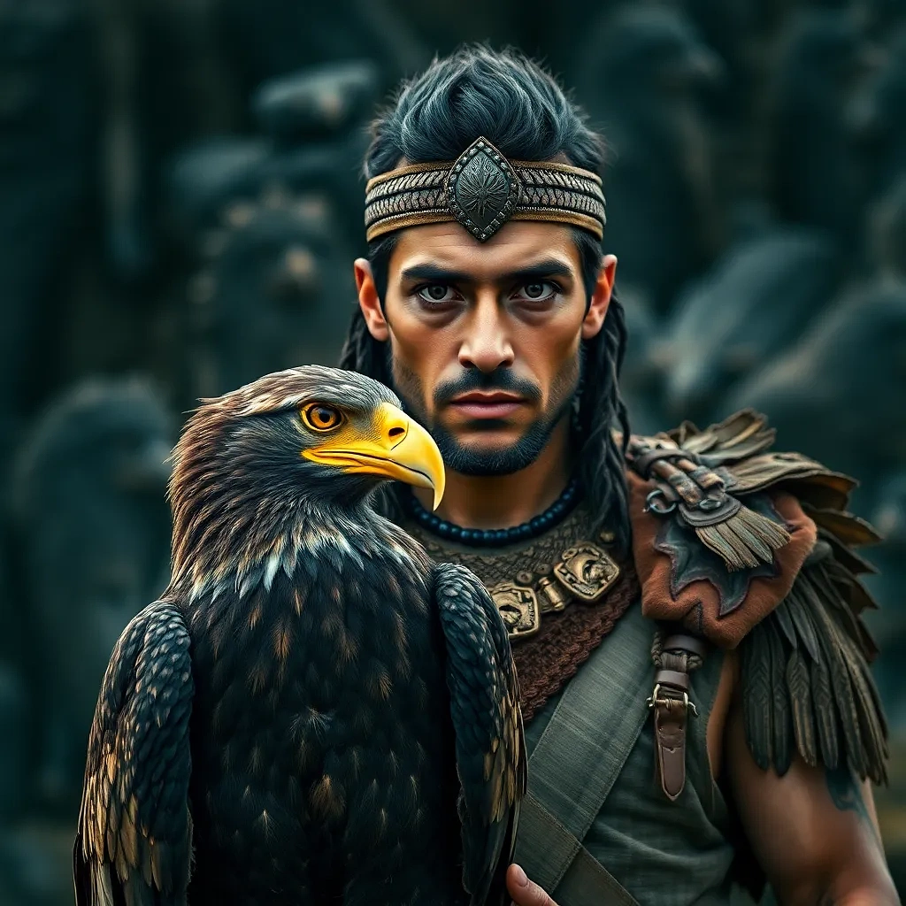 Ancient warrior with his eagle, negative prompt: "medium shot"