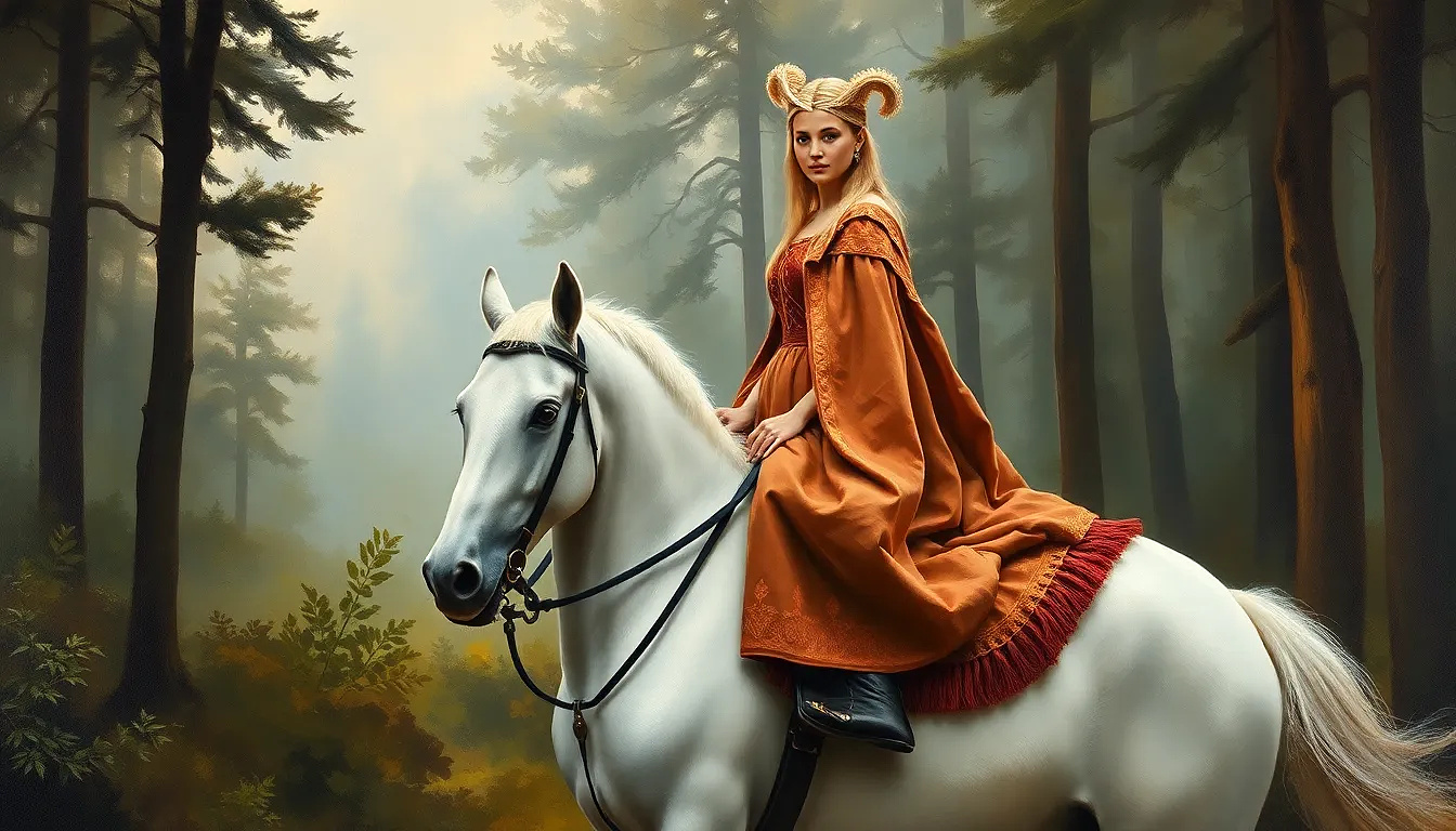 Princess of Sweden in full body riding a white horse in the forest, oil painting