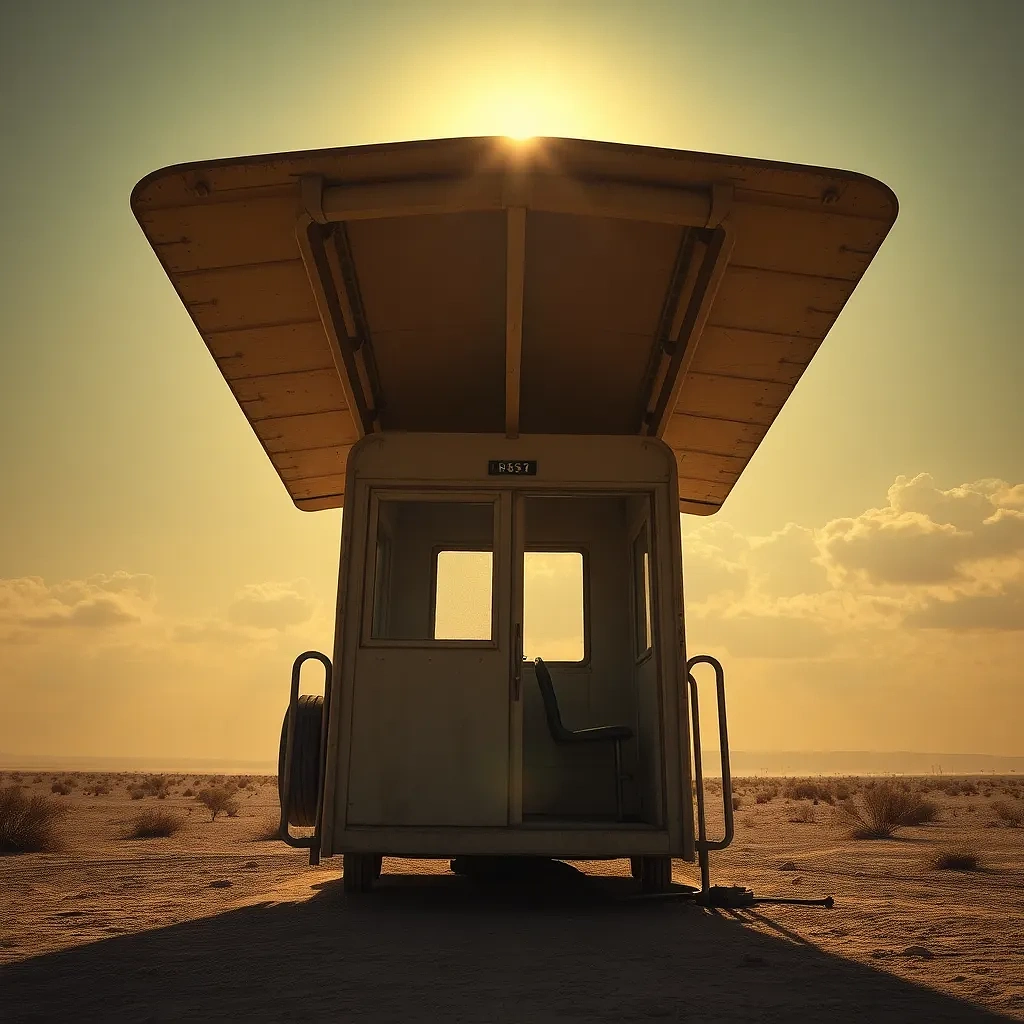 “Post-apocalyptic desert bus stop made of recycled airplane wings” – cinematic dust haze, high-contrast sun