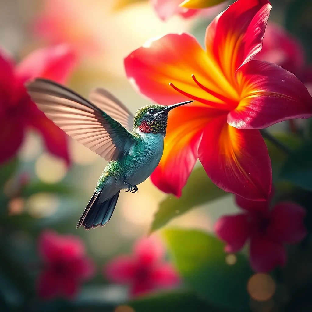 A hummingbird hovering near vibrant tropical flowers, bokeh light effects in the background.