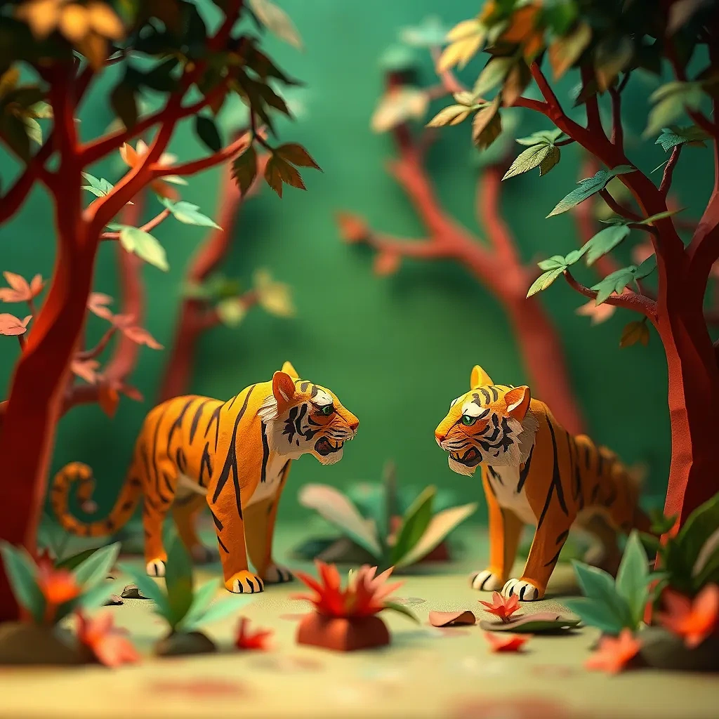 “Folded paper jungle with origami tigers” – subtle paper texture, studio tabletop lighting, shallow DOF