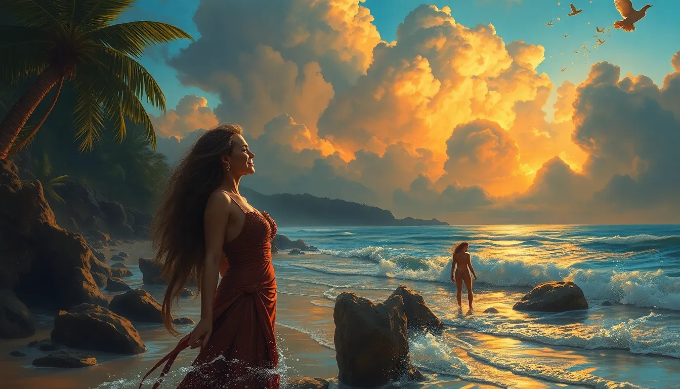 Happy couple in the beach, oil pinting