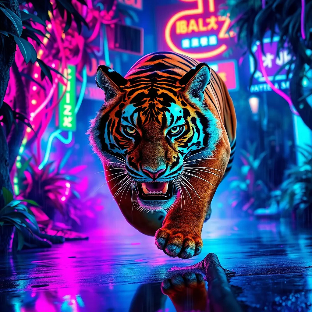 A tiger pouncing through a neon-lit jungle, motion frozen with glowing trails, electric vines and synthetic leaves, vibrant colors, neon punk style