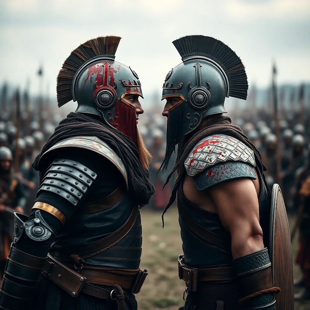 Two warriors back-to-back in battle, bloodied but defiant, exchanging one last glance before the final charge.
