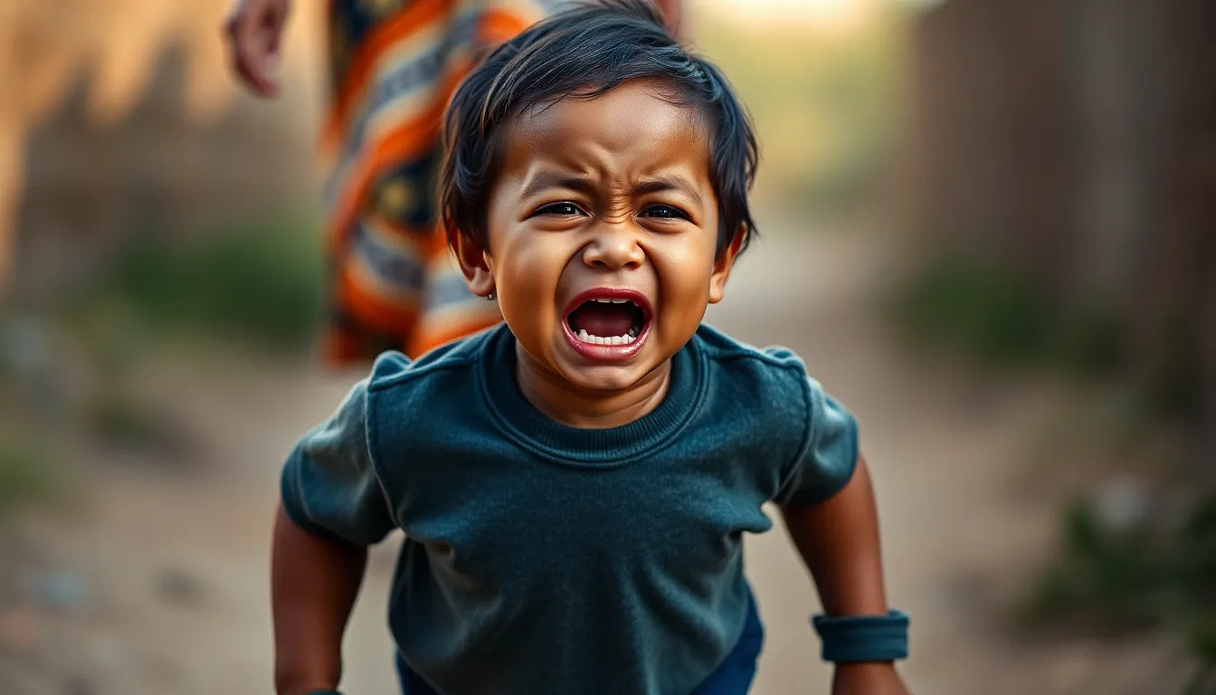 Little child crying and running after his mother