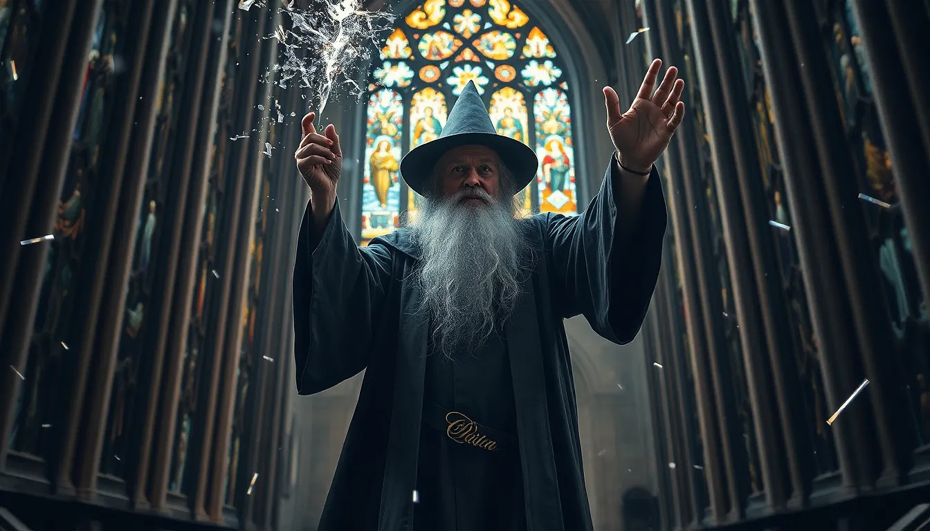 Wizard summoning a storm inside a cathedral, stained glass shattering outward in slow motion, divine energy crackling.