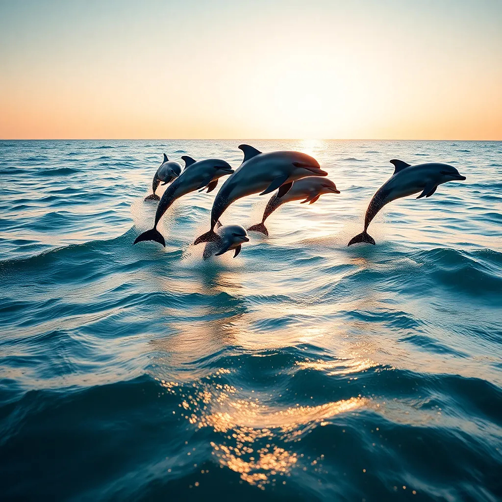 A pod of dolphins leaping over turquoise ocean waves at golden hour.