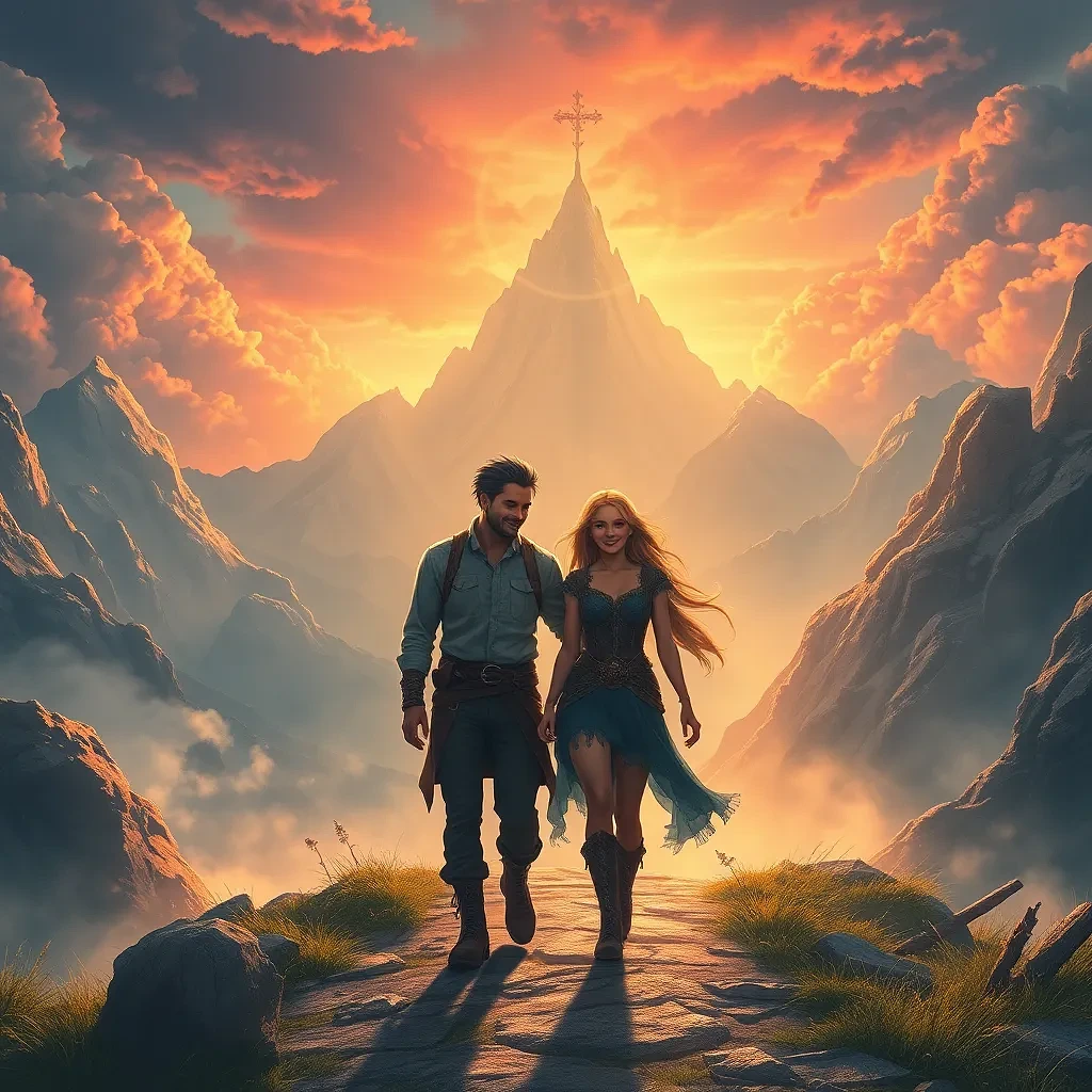 happy couple walking in the mountain