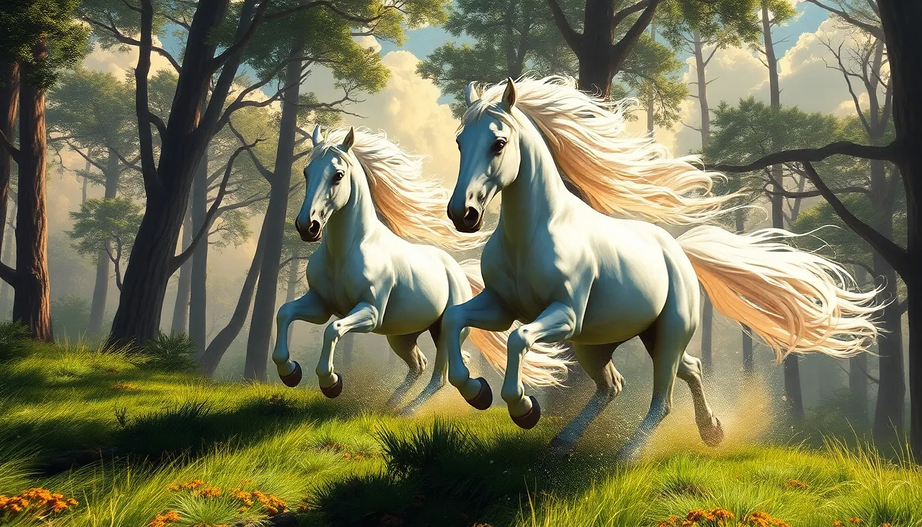 2 white horses running in the forest in a sunny day.