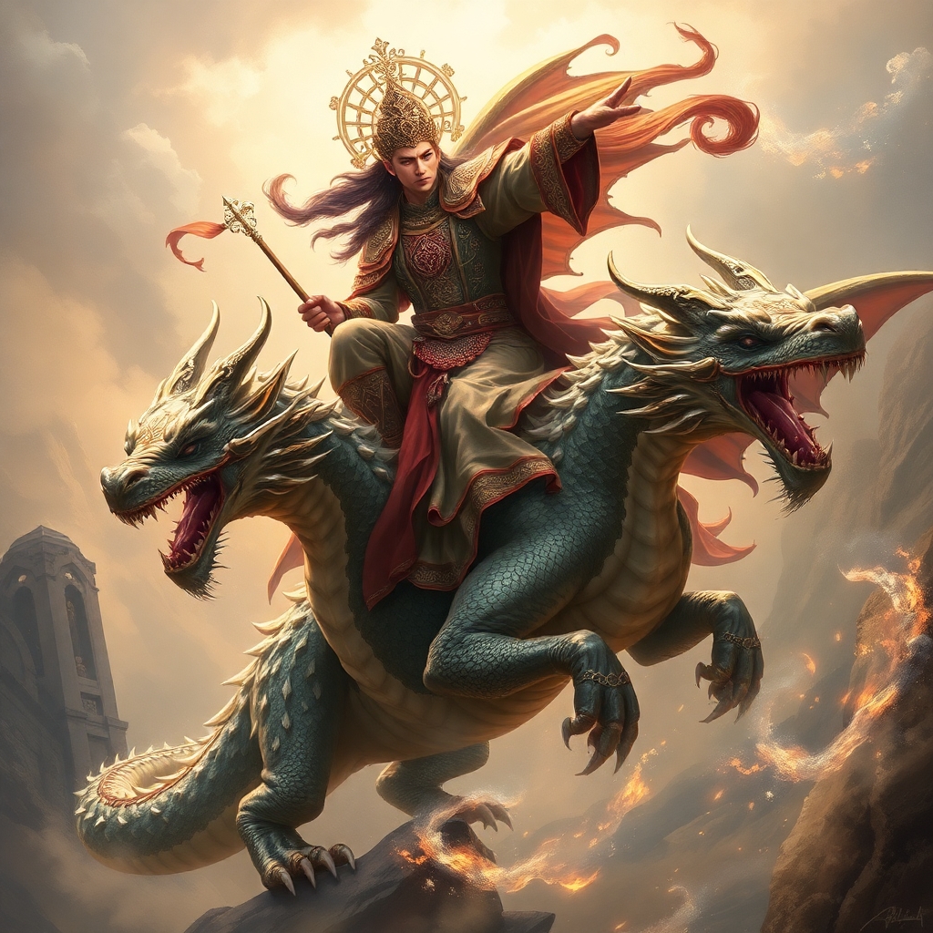 Glorious Ancient prince riding dragon, oil-paining, ultra-detailed