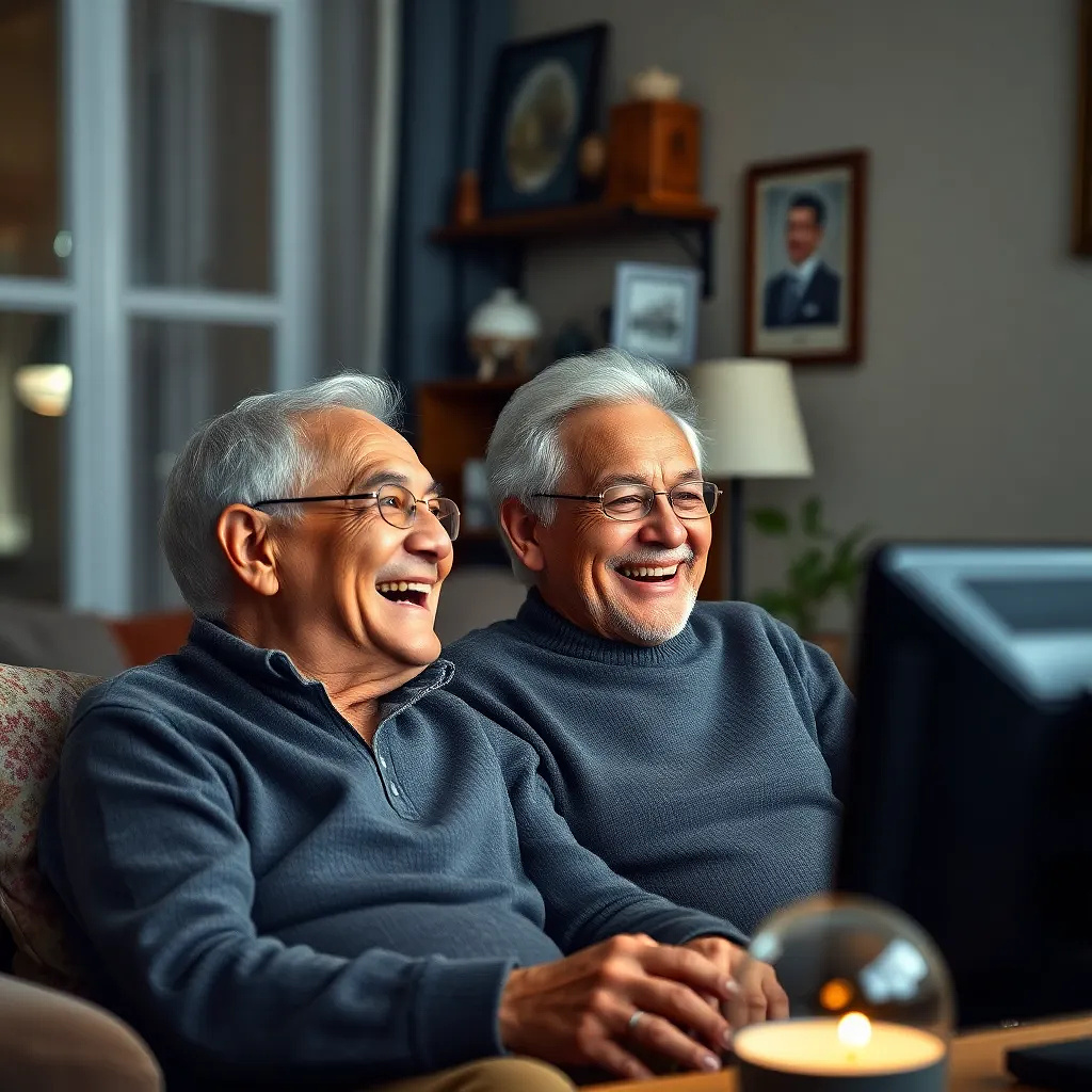 old couple laughing and watching tv