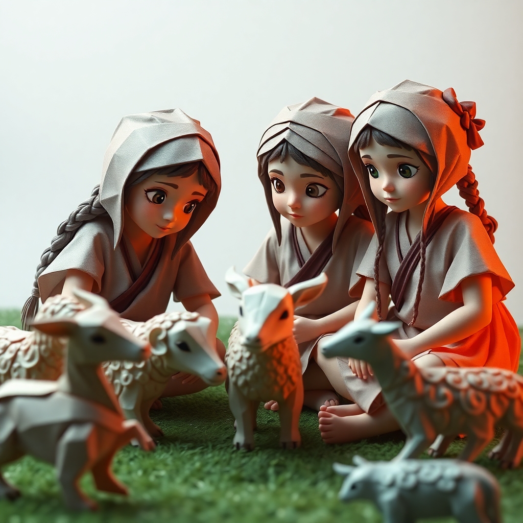 3 Little girls playing in the year 500 BC, realistic, domestic animals around the 3 girls