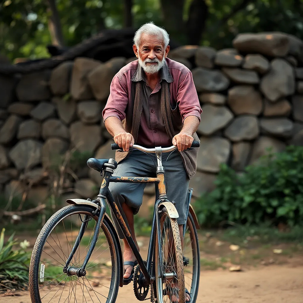 Old man riding ancient bicycle
