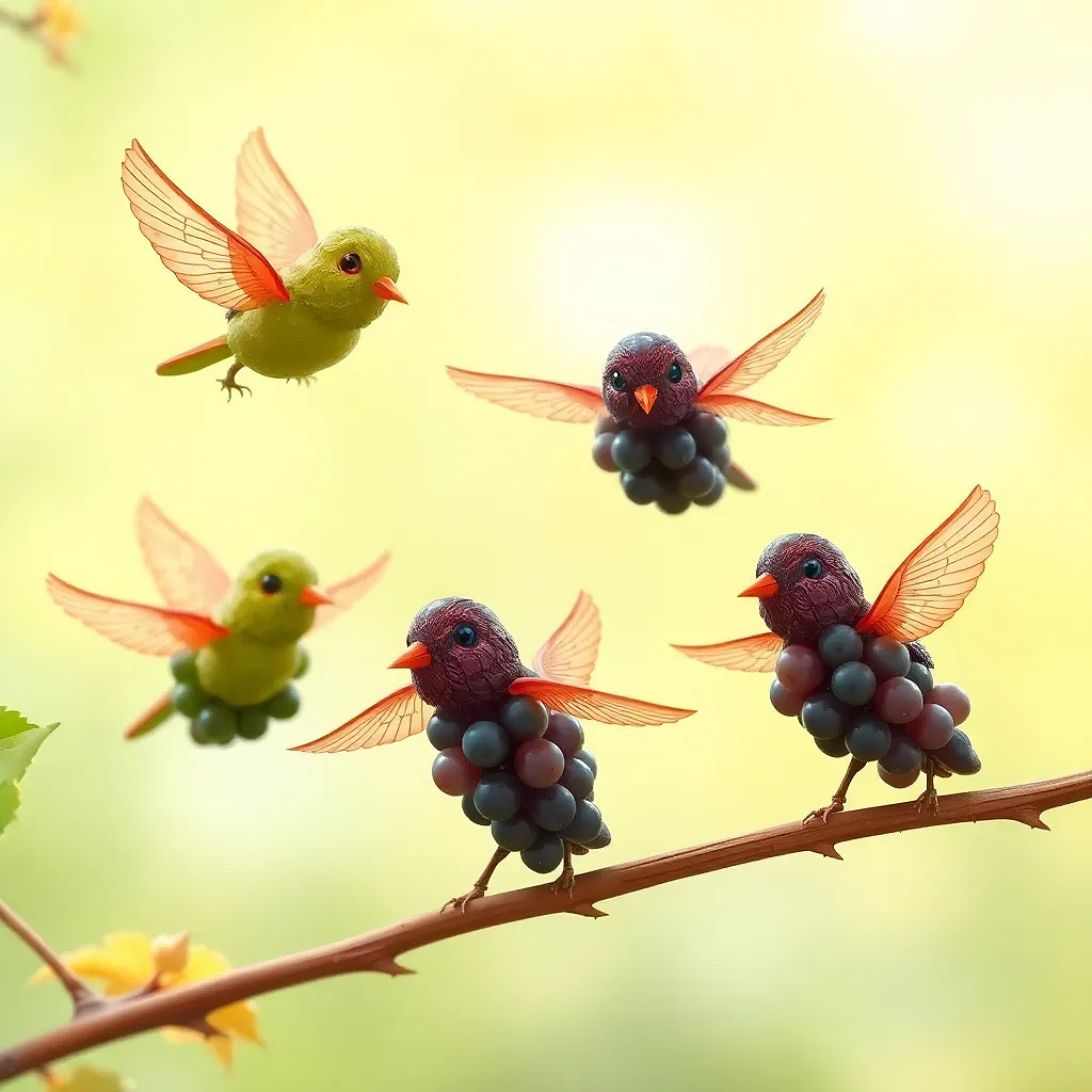 Four small birds, fashioned from bunches of grapes, are depicted in flight.  Two birds are composed of green grapes, and two of dark purple/red grapes.  The birds have delicate, translucent, reddish-brown wings, and small, simple beaks and eyes, all made from the same materials as the wings.  They are in various positions in the image, appearing to be in mid-flight. The birds' bodies are formed by clusters of grapes, with visible water droplets.  They are positioned on branches of a vine or tree, with the branches and leaves softly blurred out of focus in the background.  The background is a light, out-of-focus green, yellowish-green, and golden-yellow, creating a bright and airy feel. The lighting seems natural and soft, highlighting the birds' forms.  The overall style is playful and whimsical, like a child's drawing or a still life. The perspective is from slightly above and slightly angled to provide a close-up view. The composition showcases the birds against the out-of-focus background, drawing attention to them.