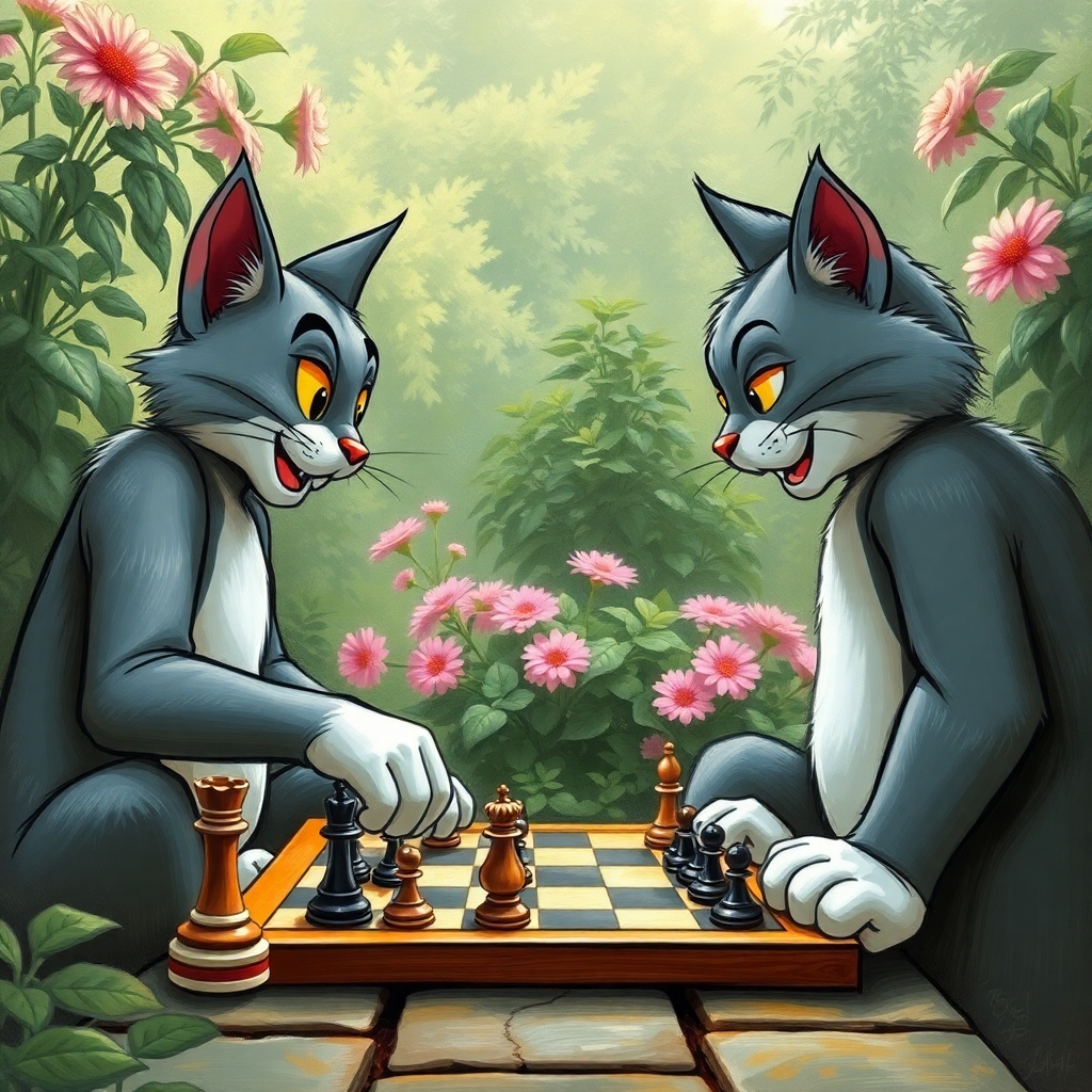 Two cats playing chess in the garden