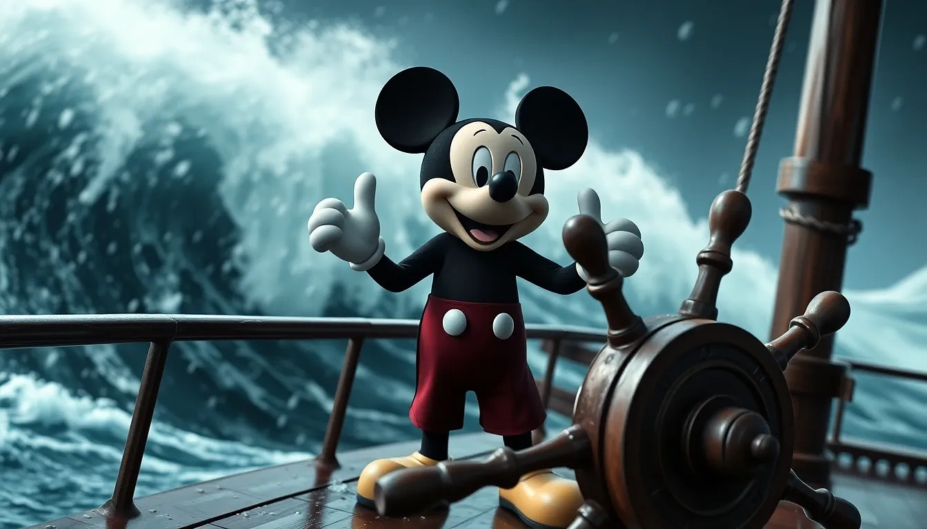 Mickey Mouse at the ship’s wheel braving a colossal rogue wave, rain-lashed deck glistening, vintage black-and-white cartoon aesthetic, triumphant grin”