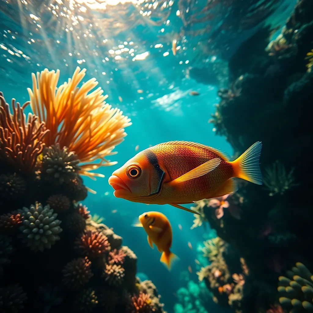 Generate an underwater seascape image capturing the beauty of the ocean depths. Include coral reefs, exotic fish, and aquatic plants, with sunlight filtering through the water to create dramatic lighting and a play of colors
