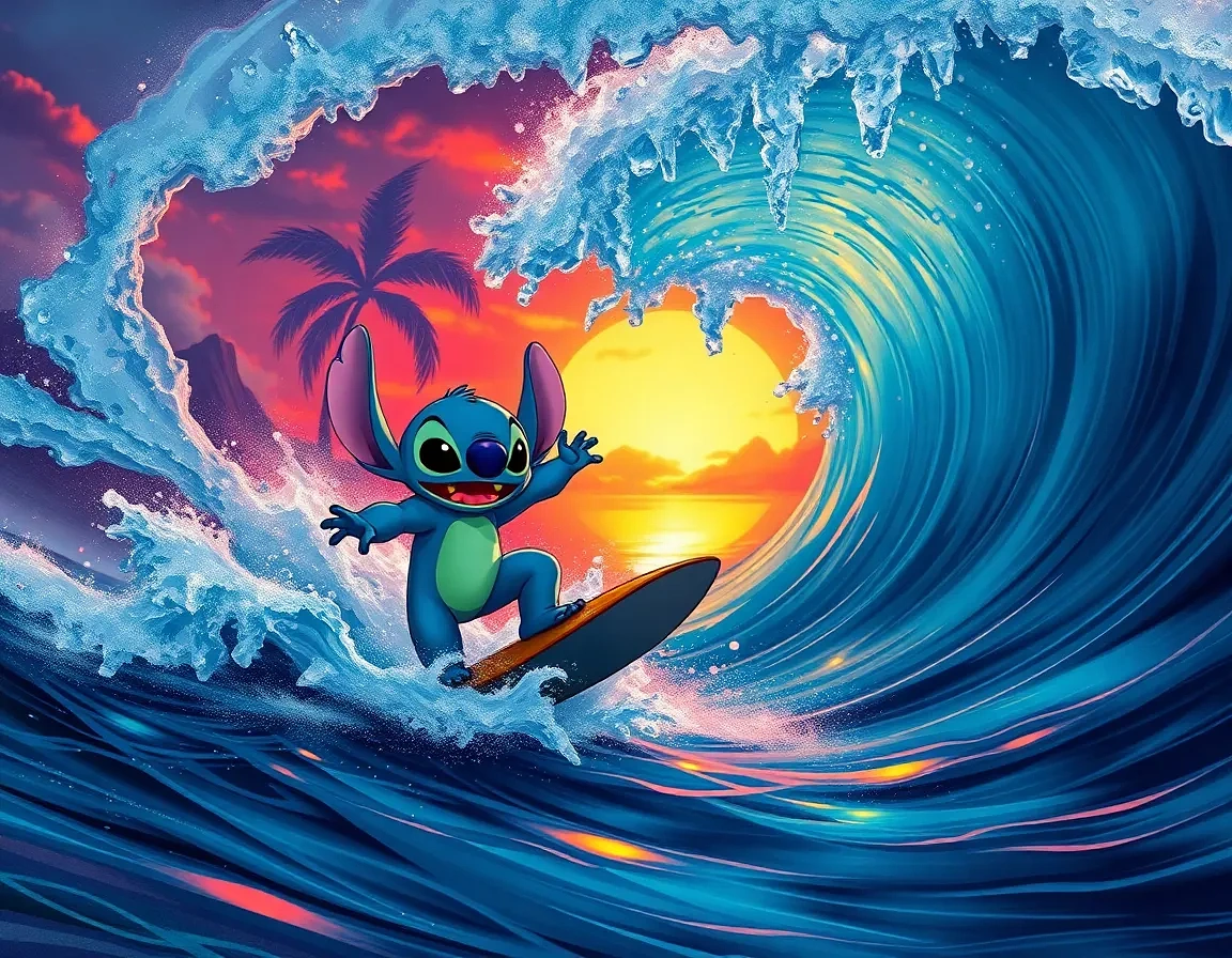 “Stitch surfing a massive Hawaiian barrel wave, neon sunset backdrop, water spray frozen mid-air, mischievous delight”