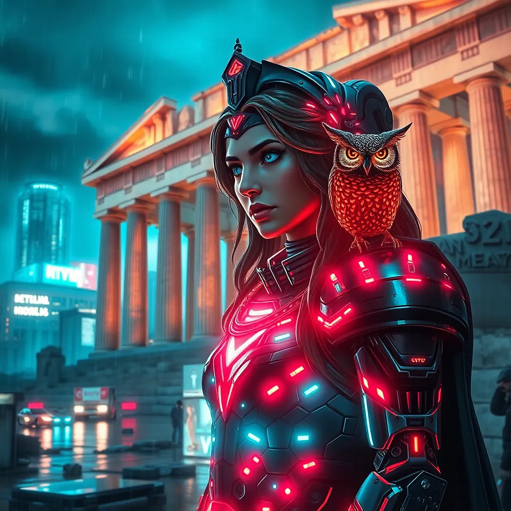 Athena reimagined as a cyberpunk war strategist, glowing holographic armor, robotic owl on her shoulder, neon-lit ruins of the Parthenon, stormy night, cinematic lighting