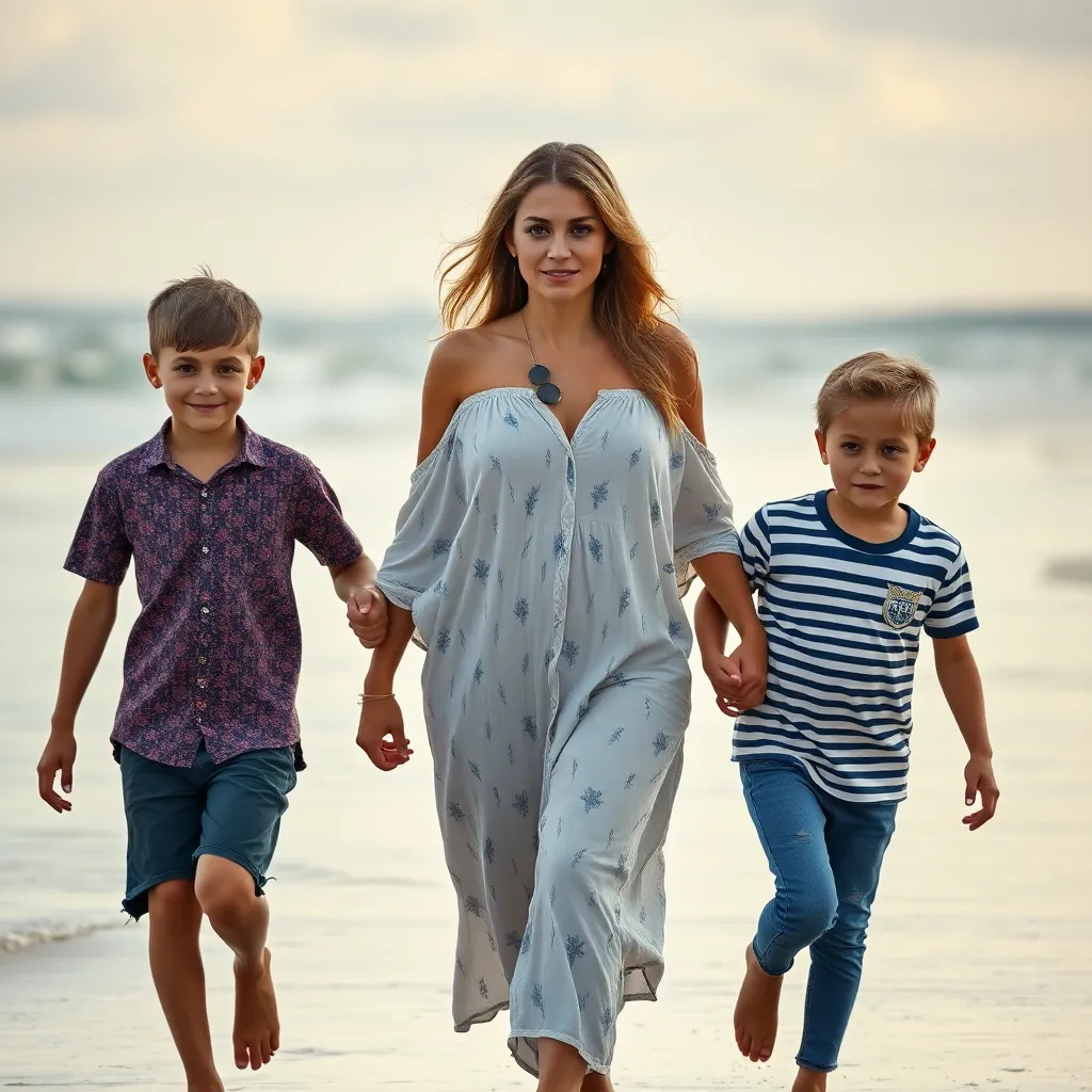 A glorious woman walking with her 2 children. she is hold their hand at the beach.
