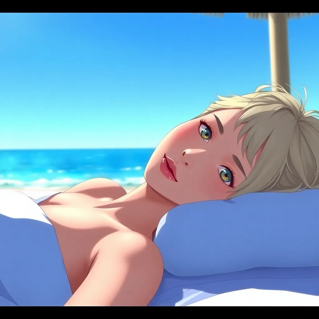 A young woman with light blonde hair lies on a beach bed. She is of light complexion and appears to be in her late teens or early thirties. the sea in calm and the sky is blue and it's sunny, full body, full view, full shot