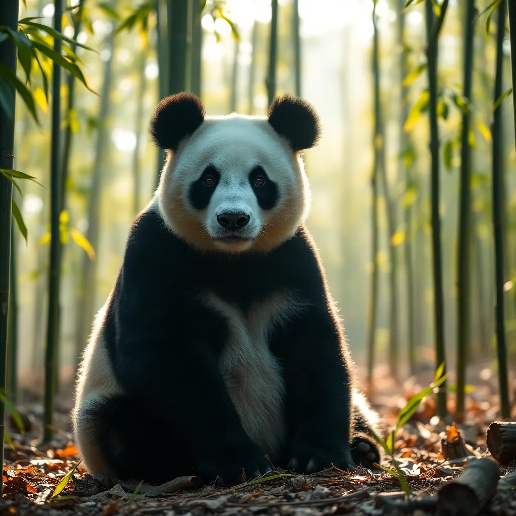 A panda sitting peacefully in a bamboo forest, soft sunlight filtering through the leaves.