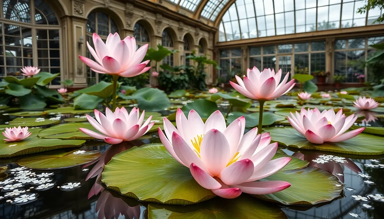 “Victorian glasshouse pond displaying giant Victoria amazonica water-lily pads with blooming porcelain-pink flowers, dwarf papyrus, and floating white water snowflakes, crystalline reflections, photographic”