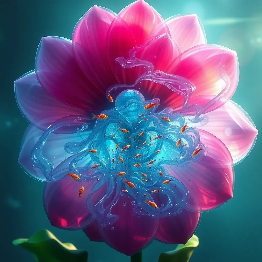 A giant transparent flower filled with swirling water and tiny fish, as if it’s an aquatic habitat, surreal fantasy art.